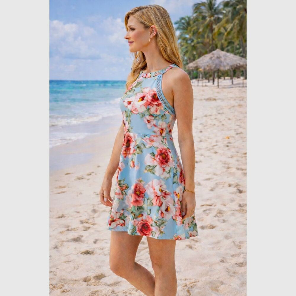 Crystal Doll Sz. 3 Floral Halter/ Lined Bodice Lace Trim Fit & Flare Dress #T